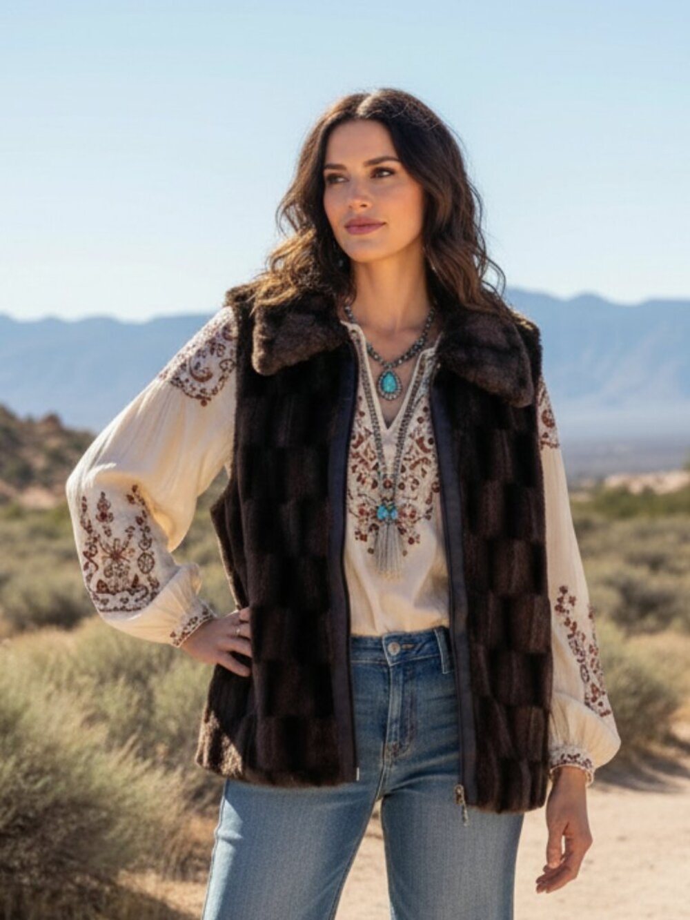 Multiples L Vest Women's Brown Faux Fur Soft Fuzzy Zip Boho Cottage Earthy‎ Chic
